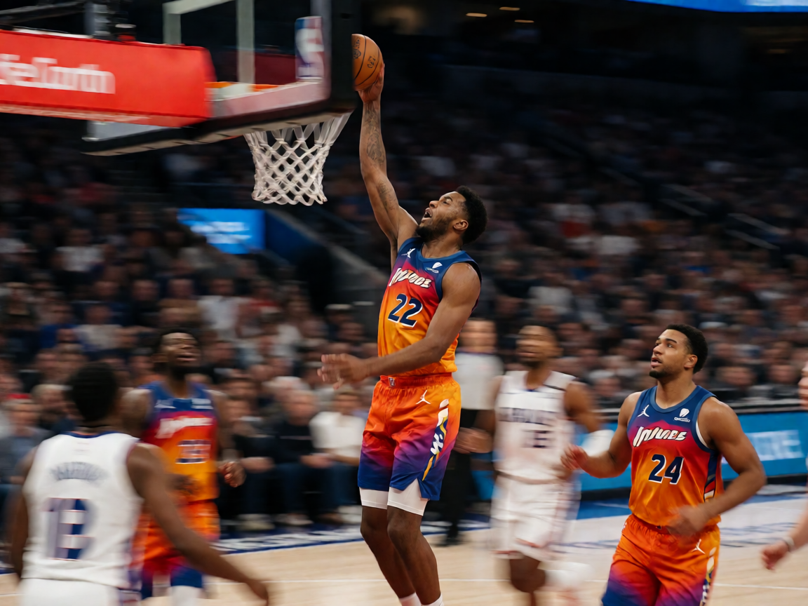 NBA比赛中球员完成扣篮后激动庆祝的场面